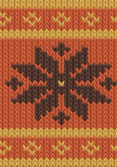 A Fair Isle panel: an eight-point medallion between bordered bands, in chocolate on burnt orange with mustard.