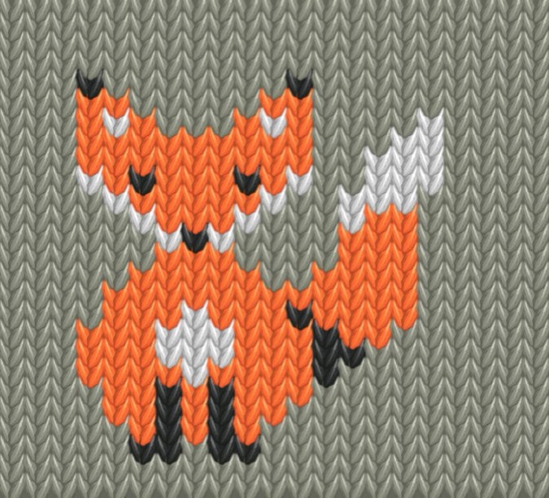 An orange fox with a white tail-tip, knitted on a sage green ground.