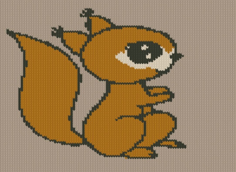 A red squirrel sitting with its tail curled up its back, knitted on a warm taupe ground.