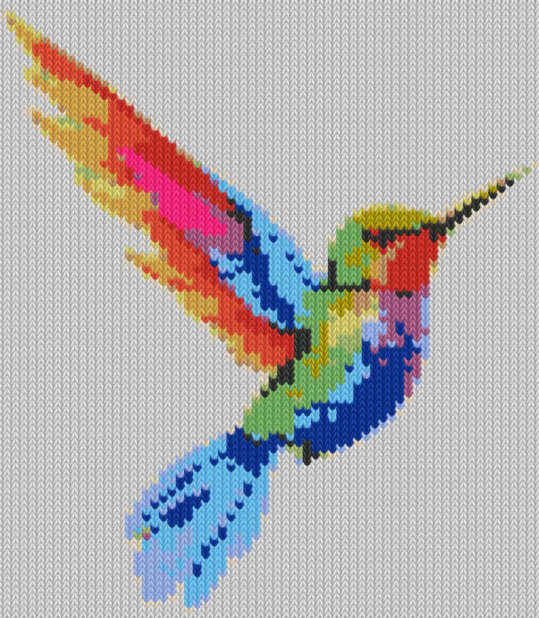 The studio's own render of a knitted panel: a hummingbird in flight, wings spread, knitted stitch by stitch in sixteen shades of wool — reds and golds through the wings, blues down the tail — on a pale grey ground.