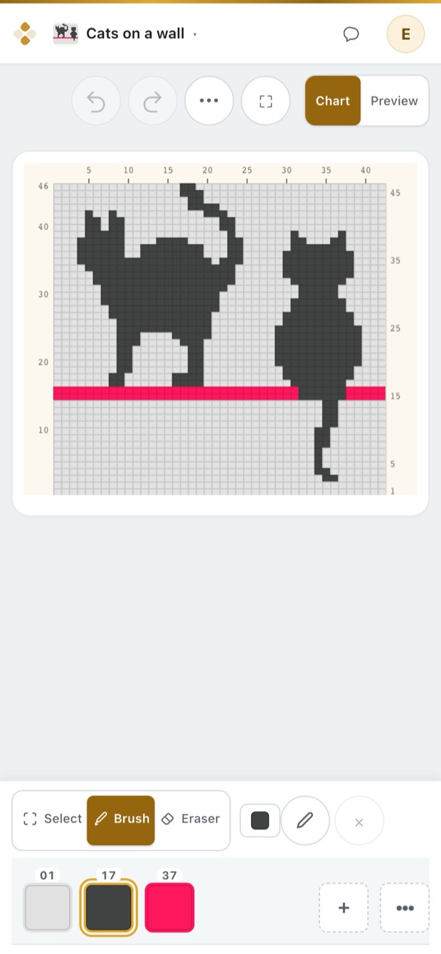 The studio open on a phone: a chart called Cats on a wall — two black cats sitting on a red ledge — with the tool row underneath and the working palette along the bottom edge.