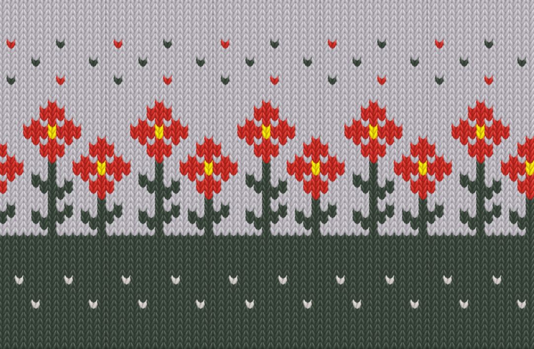 The right half of the same field, knitted: red flowers with yellow centres on a pale lilac sky over a dark green ground, every stitch drawn.